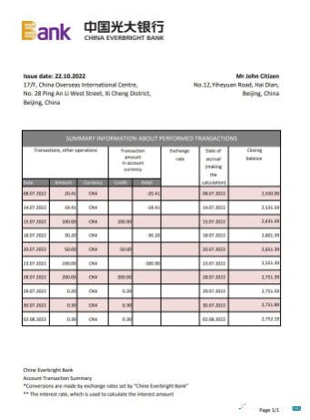 Download China Everbright bank statement excel Photoshop template